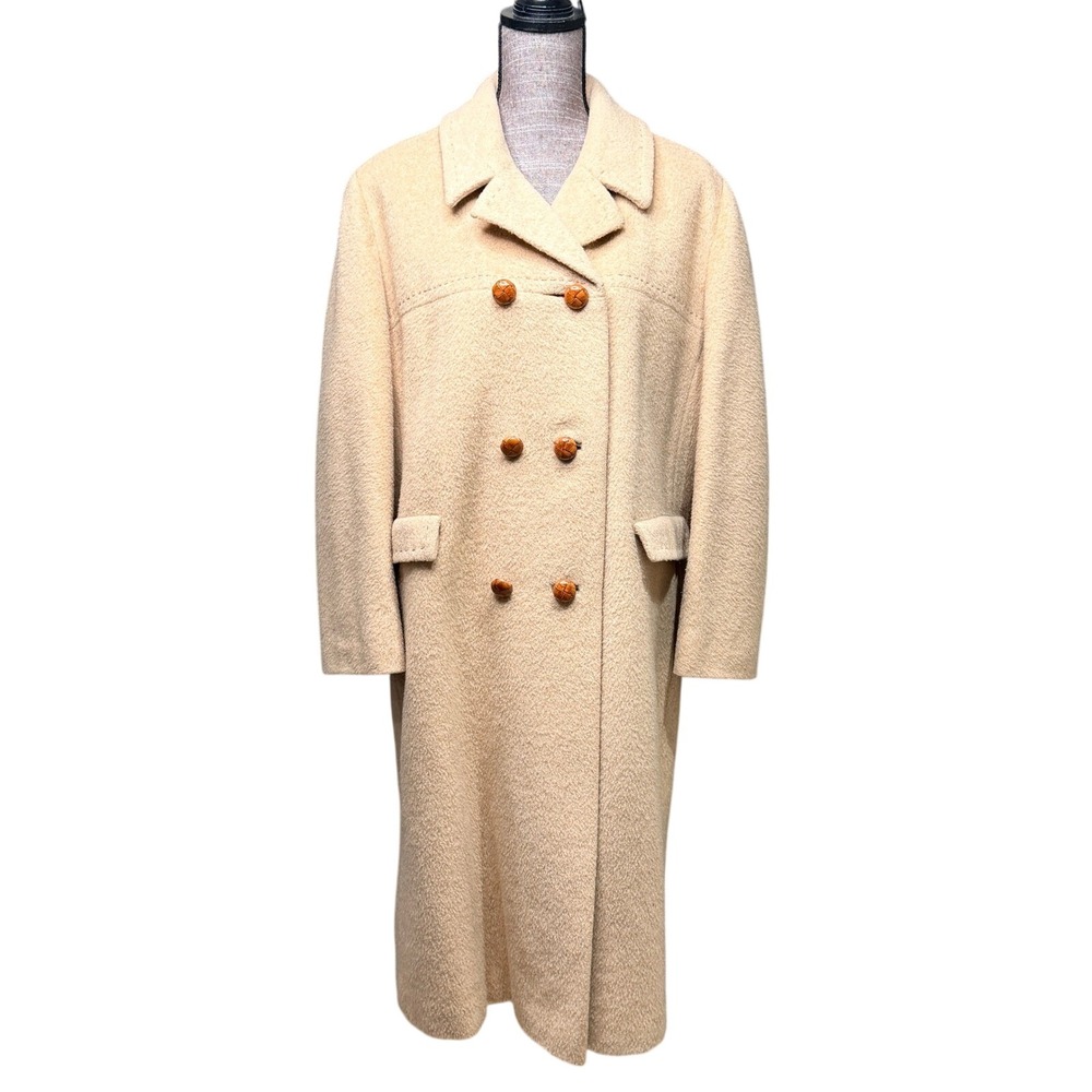 Vintage Sycamore Coat Beige Wool Women XL Double Breasted Overcoat Long Textured